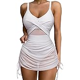 SUUKSESS Women One Piece Swim Dress Tummy Control Swimsuit Mesh Bathing Suit