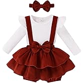 YOUNGER TREE Baby Girl Clothes Winter Outfit Long Sleeve Romper Newborn Fall Corduroy Suspender Skirt Set with Headband