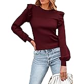 PRETTYGARDEN Women's Ruffle Long Sleeve Sweaters Crew Neck Lightweight Sweater 2026 Fall Trendy Ribbed Knit Pullover Tops