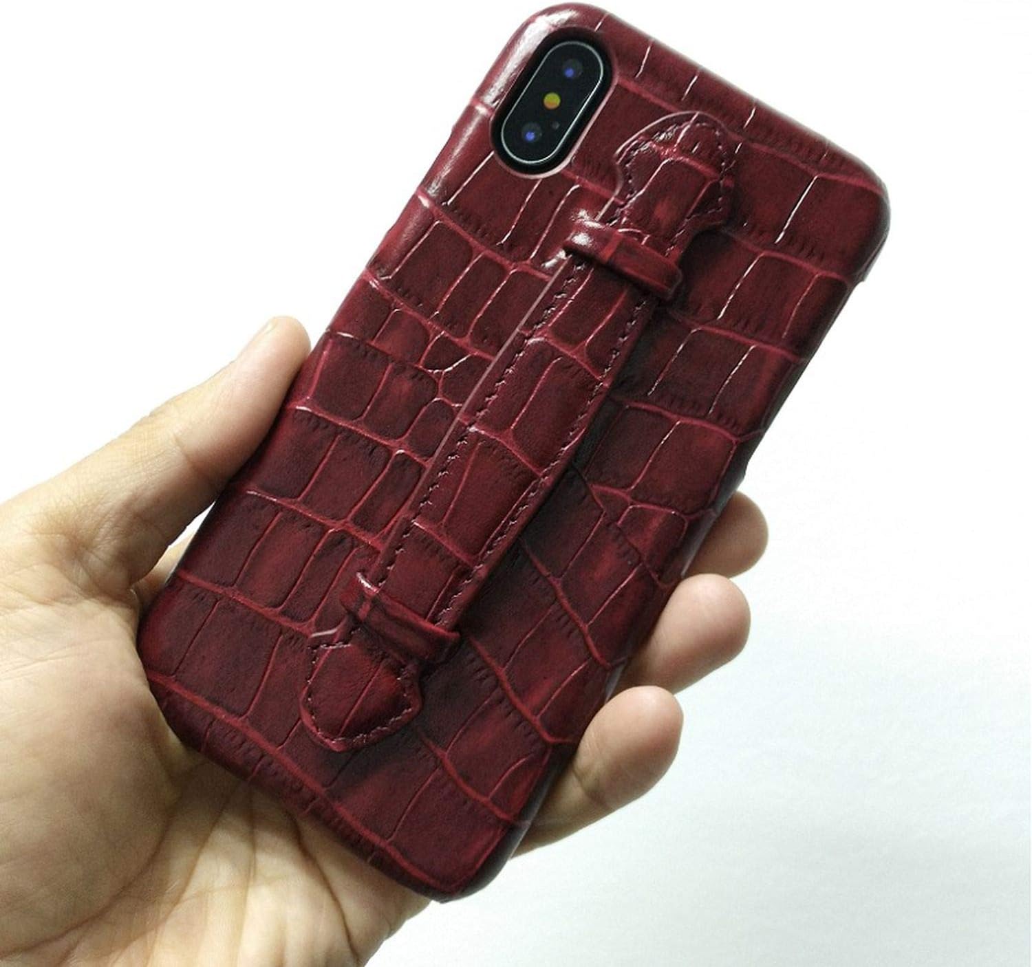 Leather Hand Strap Holder Case for iPhone X Xs Max Xr 7 8 Plus Phone Luxury Crocodile Ultra Thin Slim Hard Cover,Maroon,for iPhone X