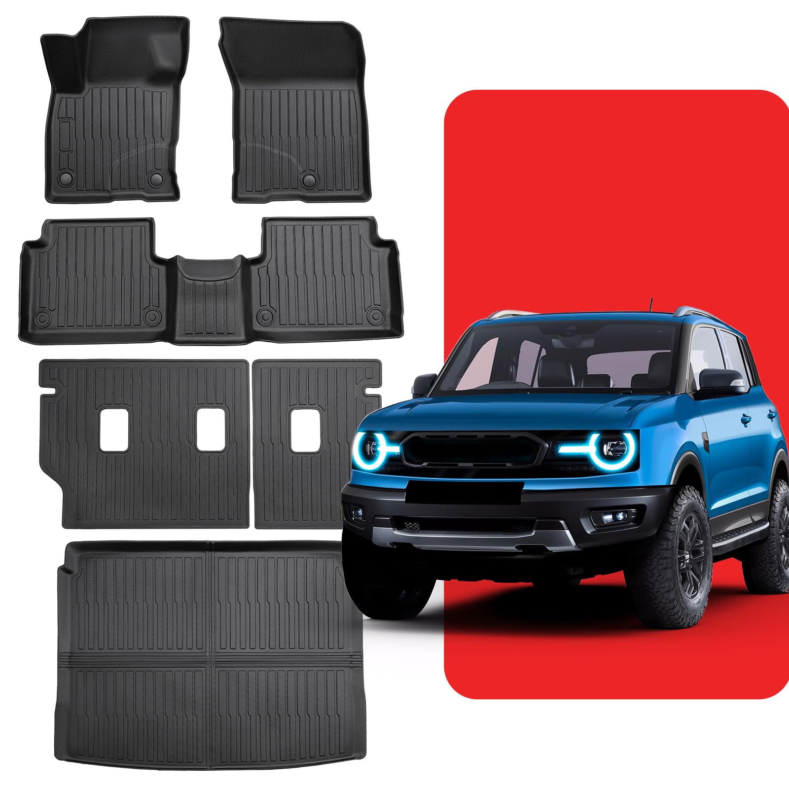 Floor Mats for Ford Bronco Sport: 2021 2022 2023 2024 2025 All Weather Car Accessories for Bronco Sport 4-Door, 6PCS TPE Rubber Backrest Liner Fit for Bronco Sport (w/Full Size Spare Tire)