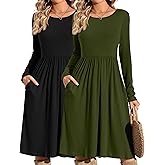 Riyiper 2 Pack Casual Dresses Women Fall Winter 2025, Long Sleeve Loose Fit Pleated Swing Dress with Pockets Knee Length