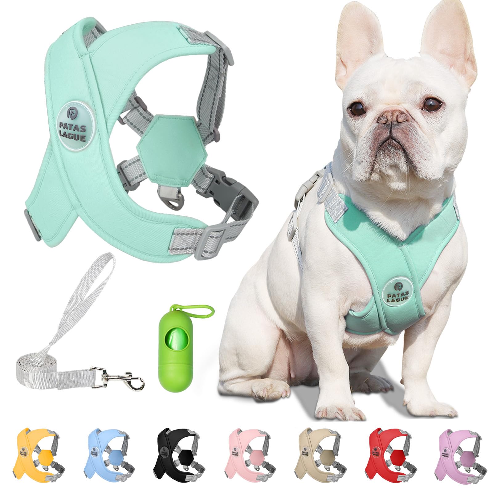 Photo 1 of Patas Lague Dog Harness with Leash Set Adjustable Soft Padded Step-in Dog Vest No Choke No Pull Reflective for Small Medium Pets with Poop Bags and Dispenser, Solid and No-chew, Green S