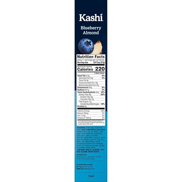 KASHI COLD BREAKFAST CEREAL, EXCELLENT SOURCE OF VITAMIN D, FIBER CEREAL, BLUEBERRY ALMOND, 14.5OZ BOX (1 BOX)