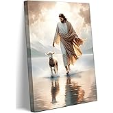 Jesus Walks On Water Canvas Wall Art Christ Saves The Lost Lamb Painting Wall Decor Christian Poster Print Follow Me Artwork Picture Decoration For Living Room Bedroom Church Ready To Hang