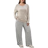 Blooming Jelly Womens Plus Size Pajamas Color Block Pajama Sets Button Down Lounge Sets 2 Piece V Neck Long Sleeve Pj