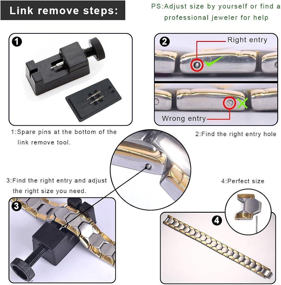 JFUME Magnetic Bracelets for Men 18K Gold Plated with Silver Double Row Magnets with Link Remove Tool 8.5" Adjustable - Image 5