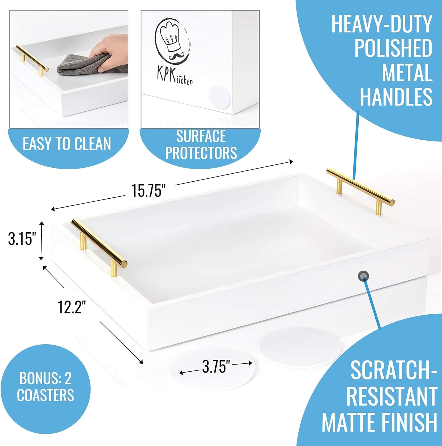 White Serving Tray with Handles in Gold - 2 White Wood Coasters - 15.75''x12.2'' - Wooden Decorative Coffee Table Tray - Matte Finish - Ottoman Tray Decor - Decorative Trays for Coffee Table: Kitchen & Dining