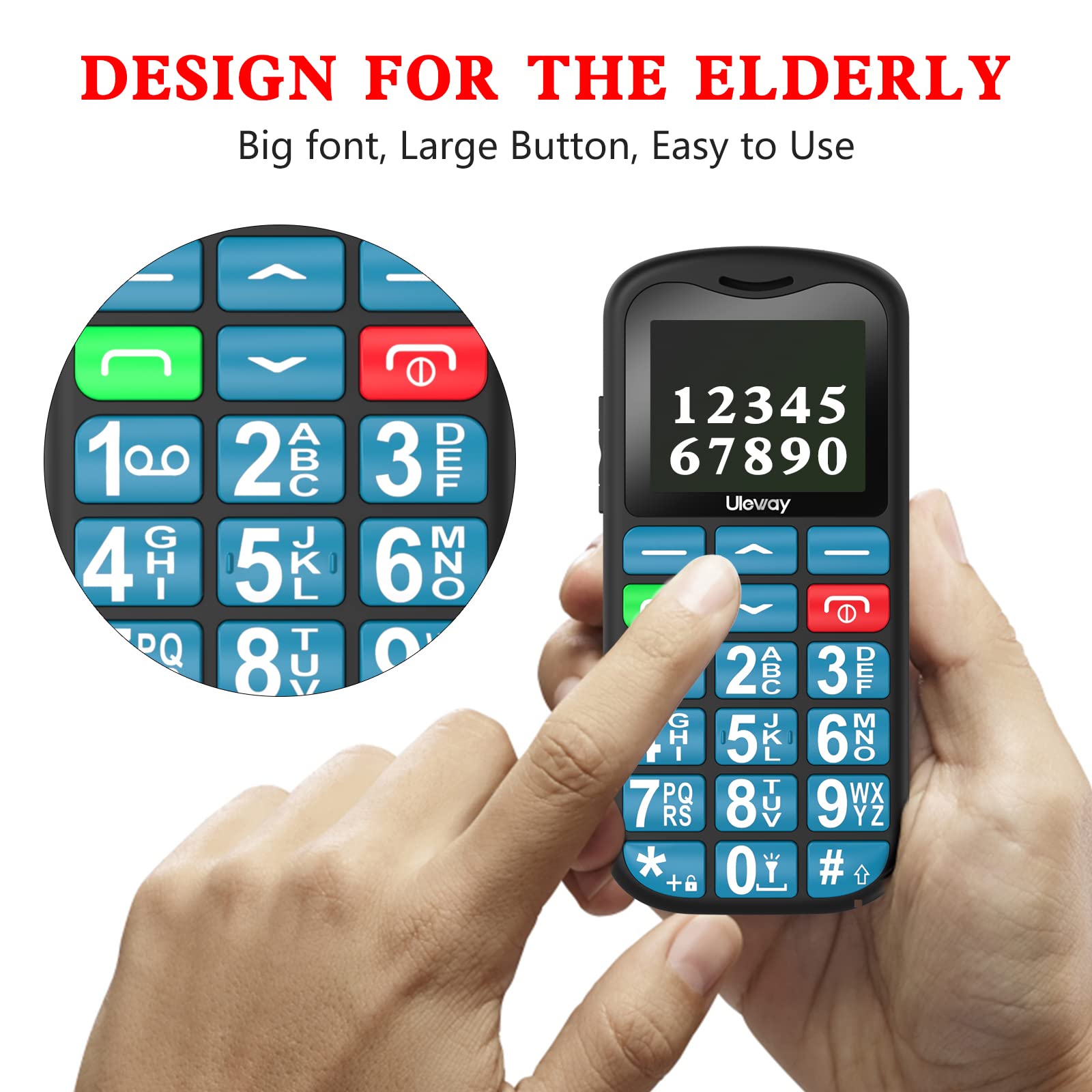Uleway Big Button Mobile Phone for Elderly - Easy to Use Basic Device With SOS Emergency Button, Large Volume, Flashlight, FM Radio (Blue)