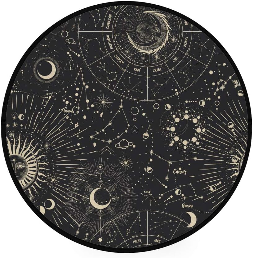 Kuizee Round Doormat Moon Phases Sun Zodiac Mysterious Astrology Polyester Indoor Outdoor Non-Slip Water Absorption Living Room Bedroom Bathroom Kitchen Home Decor 36.2Inch