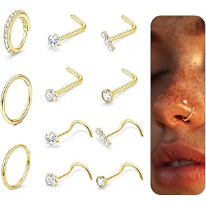 DAILI 11Pcs Titanium Nose Rings Studs for Women Men, 20G Nose Hoop and Stud Set 14K Gold Plated Silver Nose Piercing Jewelry