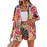 SOLY HUX Women's Summer 2 Piece Outfits Hawaiian Tropical Print Open Front Half Sleeve Kimono and Shorts Set