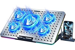 LIANGSTAR Laptop Cooling Pad, Laptop Cooler Gaming 5 Quiet Fans with Large Metal Plate for 12-17.3 Inch Fan Stable Stand, 4 Modes RGB Light, 7 Height & Adjust Speed, 2 USB Port & Phone Holder