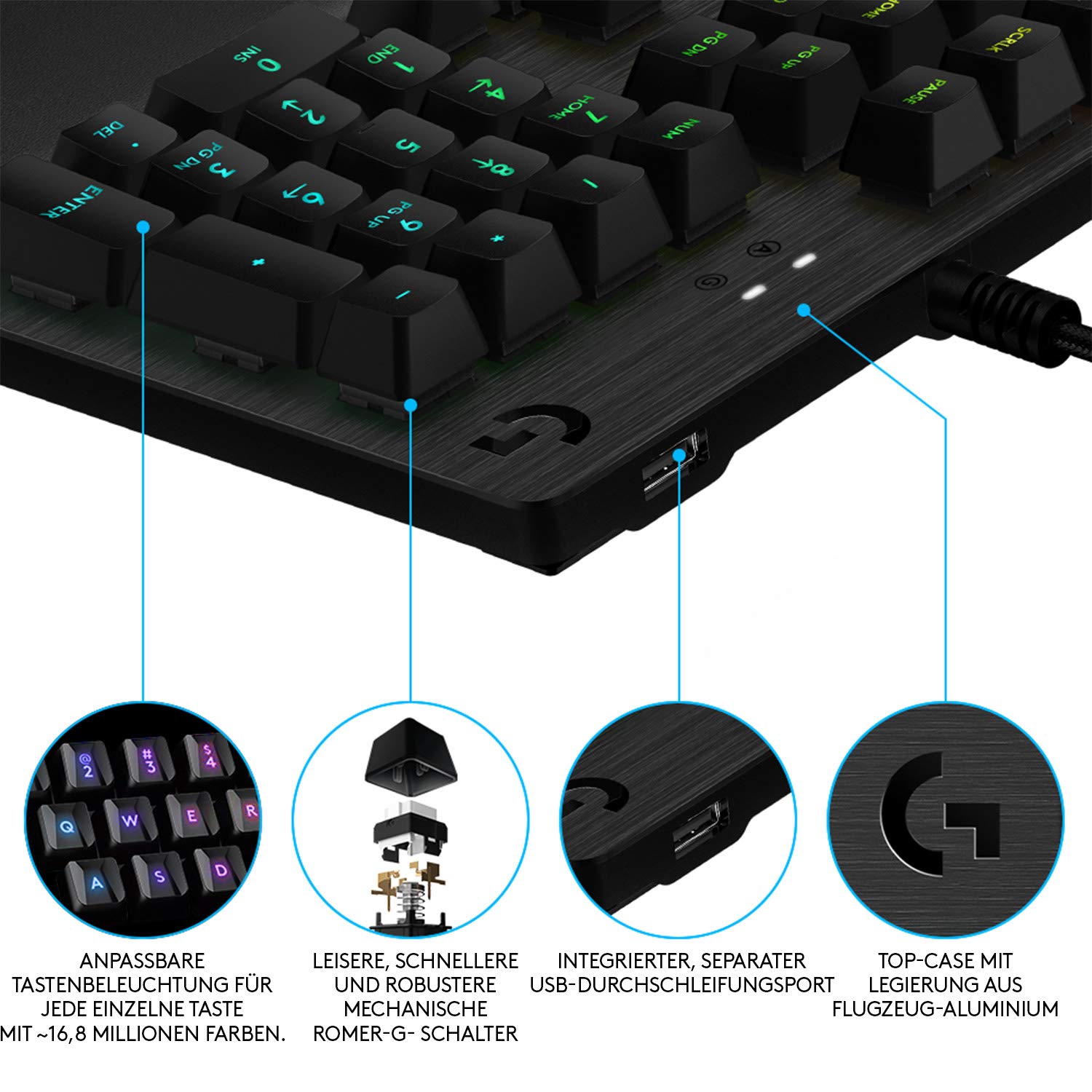 Logitech G512 mechanische Gaming-Tastatur, GX Brown Taktile Switches, LIGHTSYNC RGB-Beleuchtung, USB-Durchschleife, Aluminium-Gehäuse, Programmierbare F-Tasten, Deutsches QWERTZ-Layout - Schwarz 5