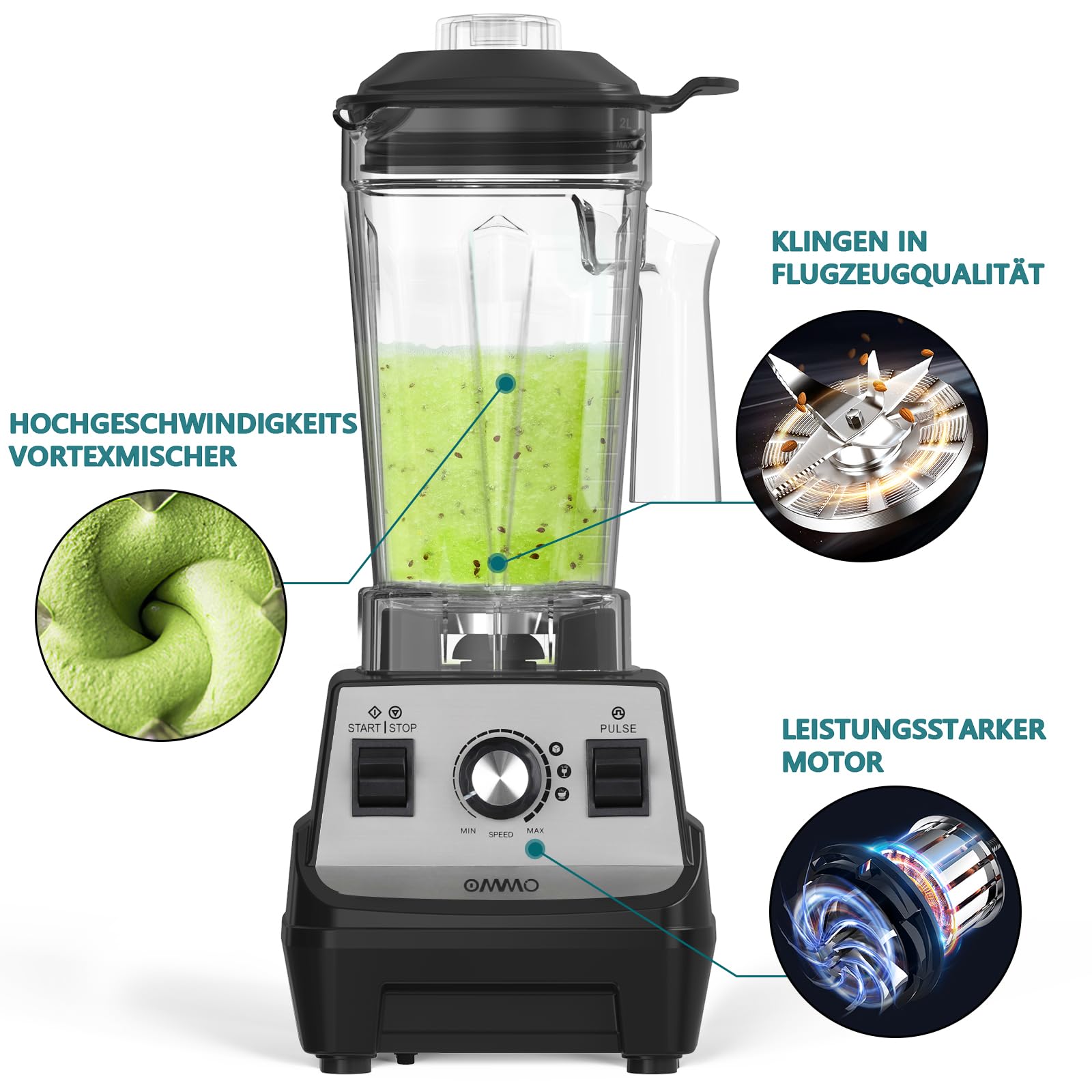 OMMO 1.8L Standmixer Hochleistungsmixer, Mixer Smoothie Maker, 300ml To-Go Becher, 6-Fach Metallmesser, Pulsfunktion, MAX 1800W, Becher BPA Frei, Ice Crusher, Protein Shake Mixer 3