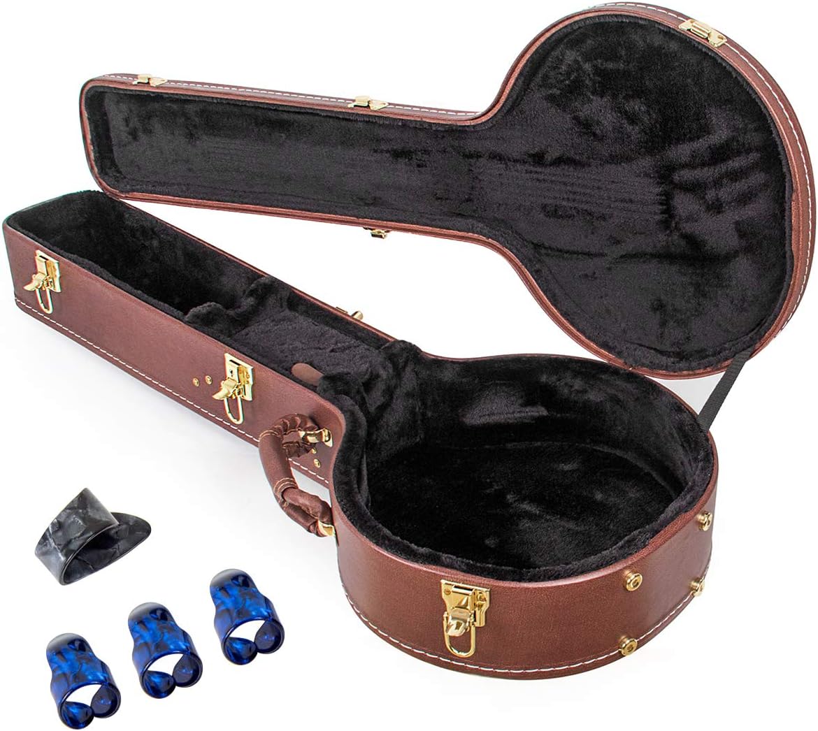 Kmise Leather Hardshell Banjo Case Gig Bag for 5/6 String Banjos Brown