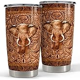 SANDJEST Elephant Tumbler Wood Drawing Style 20oz Tumblers with Lid Gift for Women Girl Daughter Sister Animal Lovers Christmas Birthday