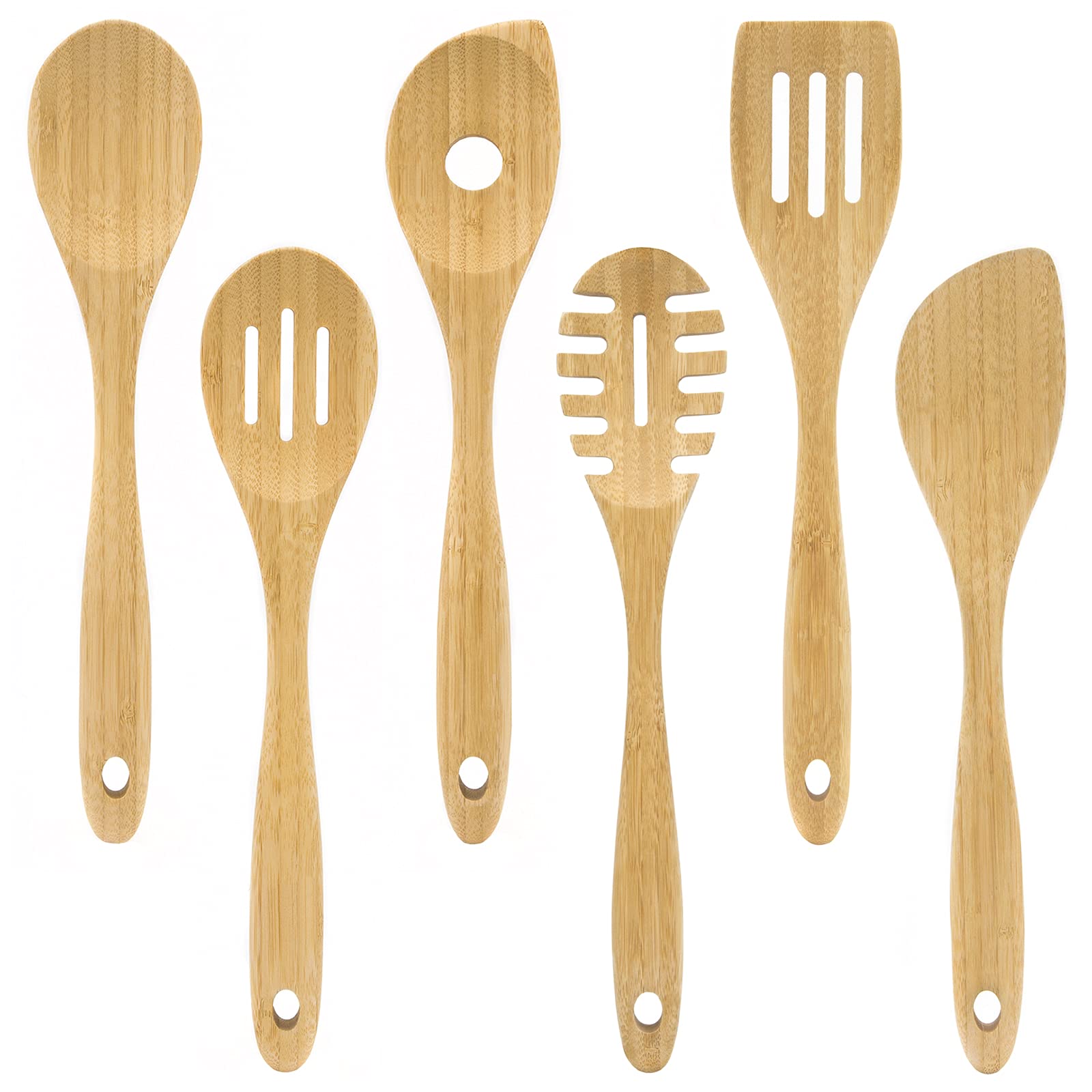 Dehaus® Premium Bamboo Kitchen Utensils - Set of 6 - Luxury Wooden Spoons, Slotted, Pointed Spoon, Spatula, Slotted Fish Slice & Spaghetti Server - Wood Cooking Tools for Non-Stick Pan or Wok