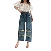 Tozamil Womens Capri Denim Pants Lightweight Wide Leg High Waisted Jeans Casual Trousers with Pockets Embroidered Jeans Blue