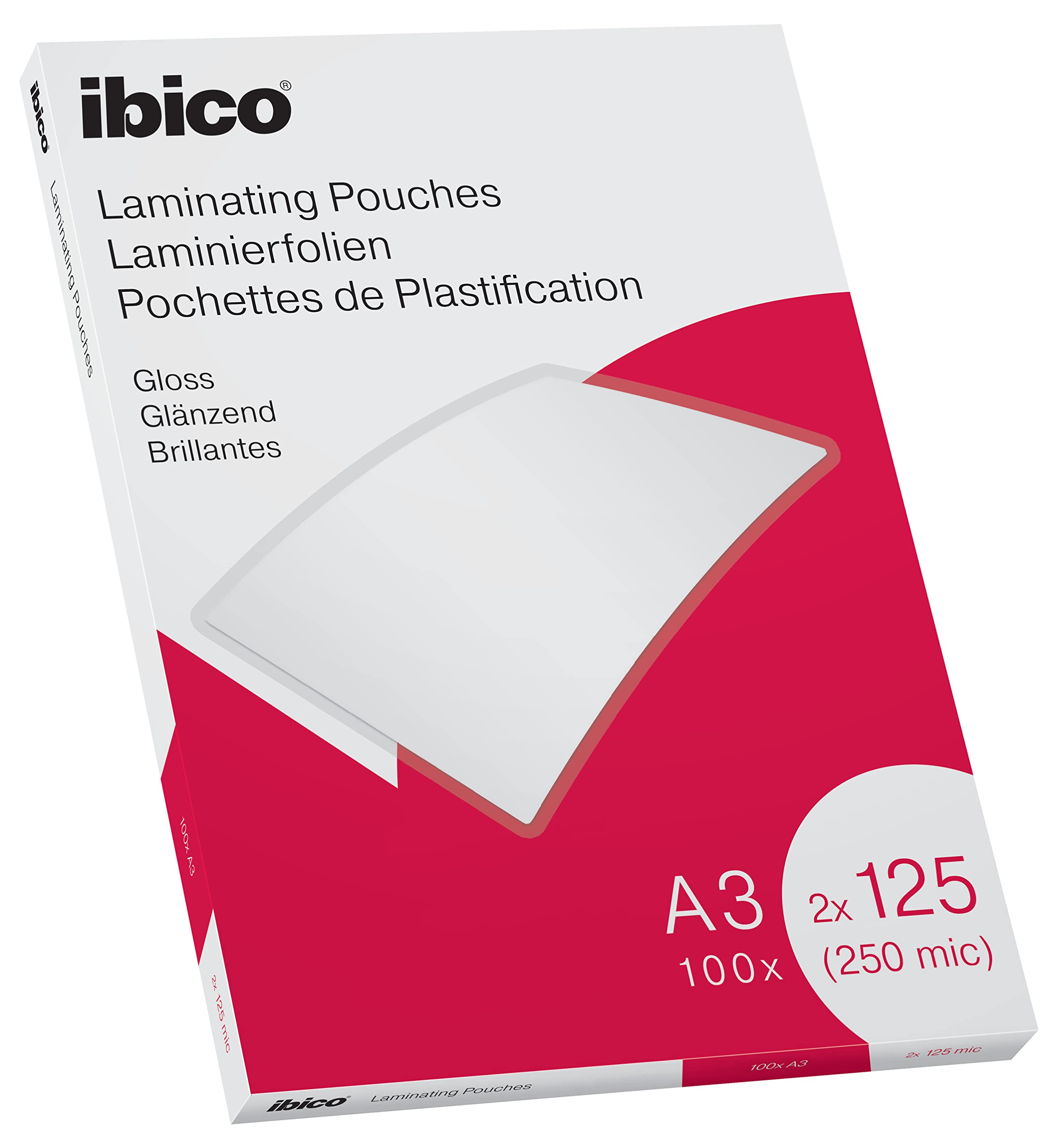 Ibico A3 Laminating Pouches, 250 Micron (2x125), High Document Protection & Durability, Pack of 100, Gloss Finish, Crystal Clear, 627321