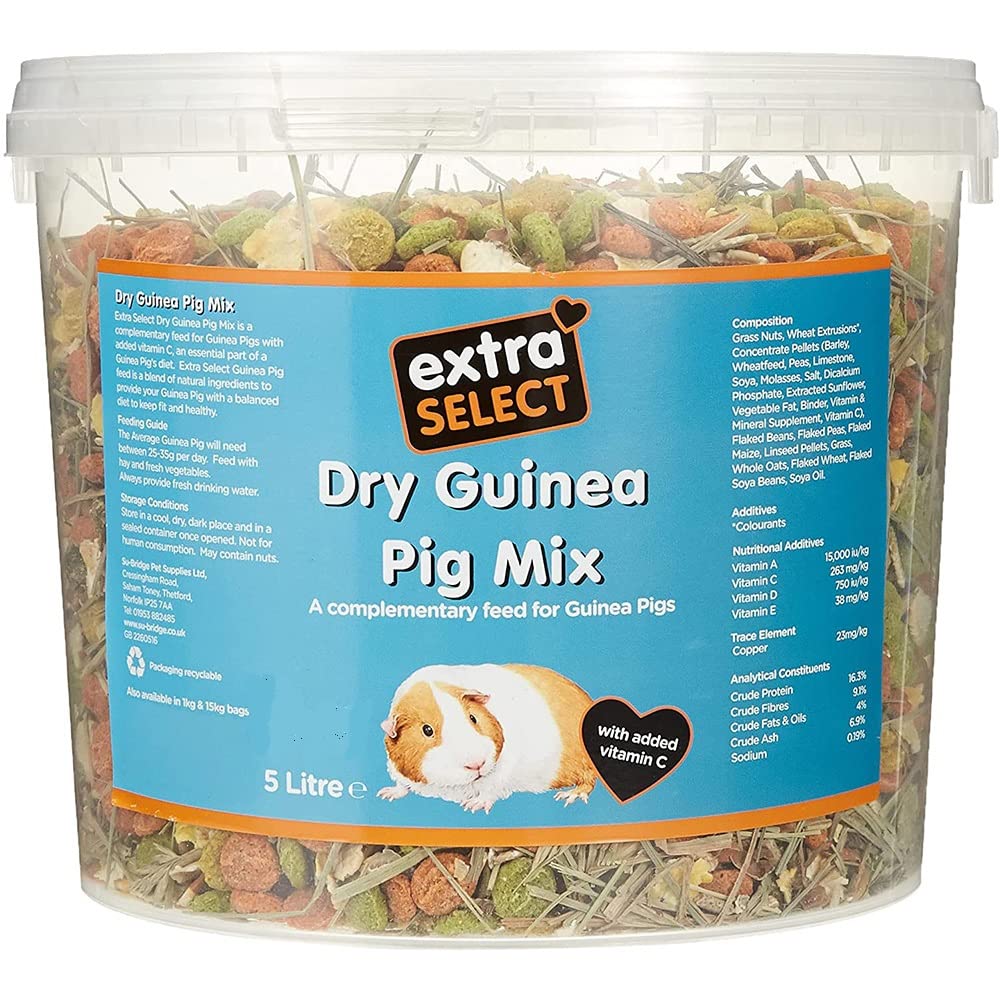 Extra Select Guinea Pig Food - Dry Muesli Mix with Concentrate Pellets, Flaked Maize, Grass Hay, Pea Flakes for Guinea Pigs with Vitamin C- Small Pet Feed - 5 Litre Tub