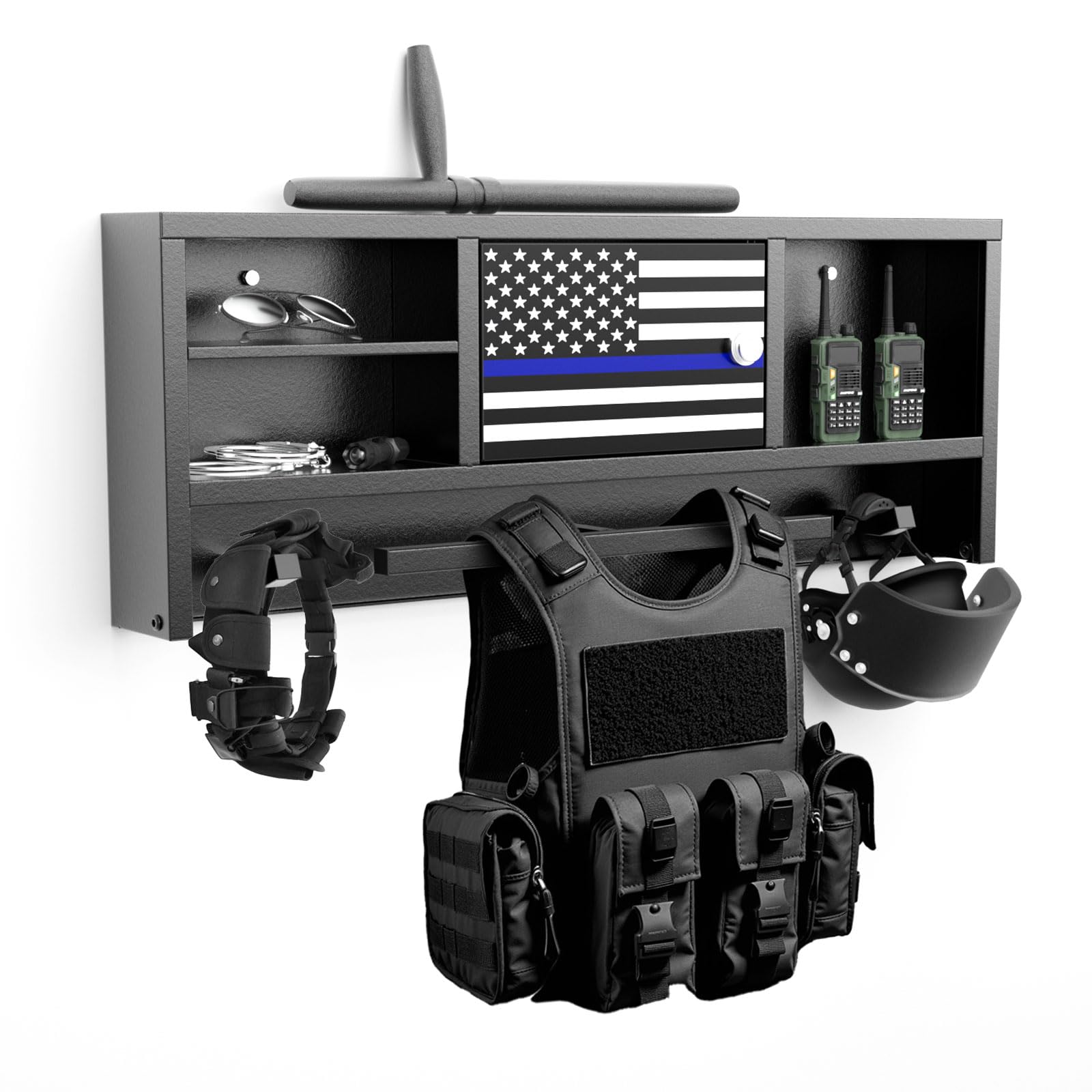 Photo 1 of NUWJBYE Police Duty Gear Rack, Wall Mounted Tactical Organizer with Lockbox Safe, Vest Hanger & Belt Hook for Law Enforcement, Security, Academy Graduation Gift