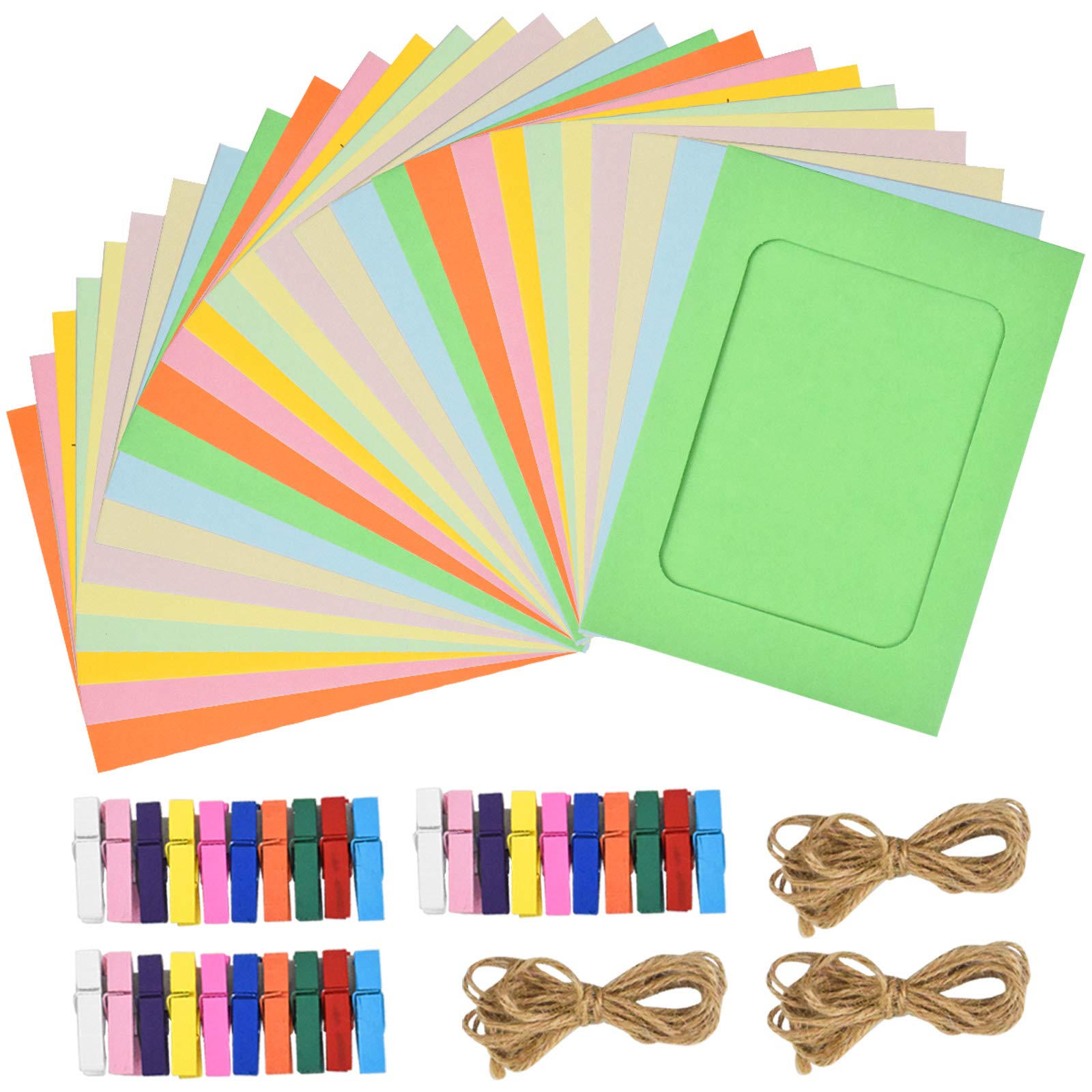 Pinsheng 30 PCS Paper Photo Frame, 6 x 4 inch Picture Mats with Mini Wooden Clips and String Hanging Cardboard for Home School Office Wall Party Decoration (10 Color)