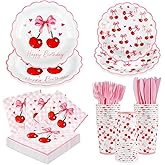 144PCS Bow Cherry Birthday Decorations Plates Set, Pink Bow Paper Plates Napkins Cups, Bow Cherry Party Supplies Kit for Girls Wedding Engagement Baby Shower Birthday Serve 24