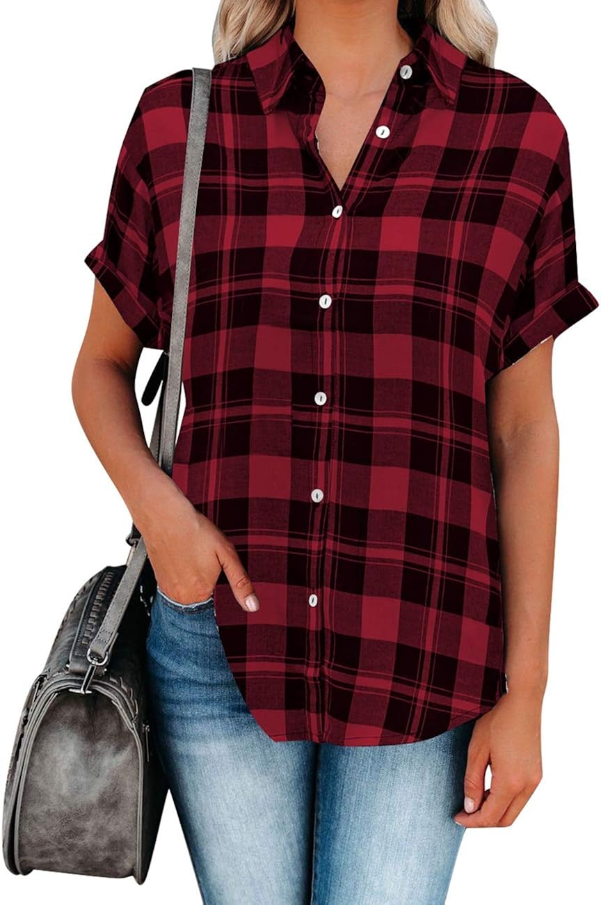 Uqnaivs Women's Classic Short Sleeve Plaid Shirt Button Down Collared Loose Tops: Clothing
