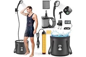 FCSJOST Portable Shower with Heater 1500W Camping Water Heater with Shower Head 3 Spray Modes, 6000mAh Rechargeable Shower Pump with LED Display Foldable Bucket Outdoor Showering for Hiking RV Car Travel Pet