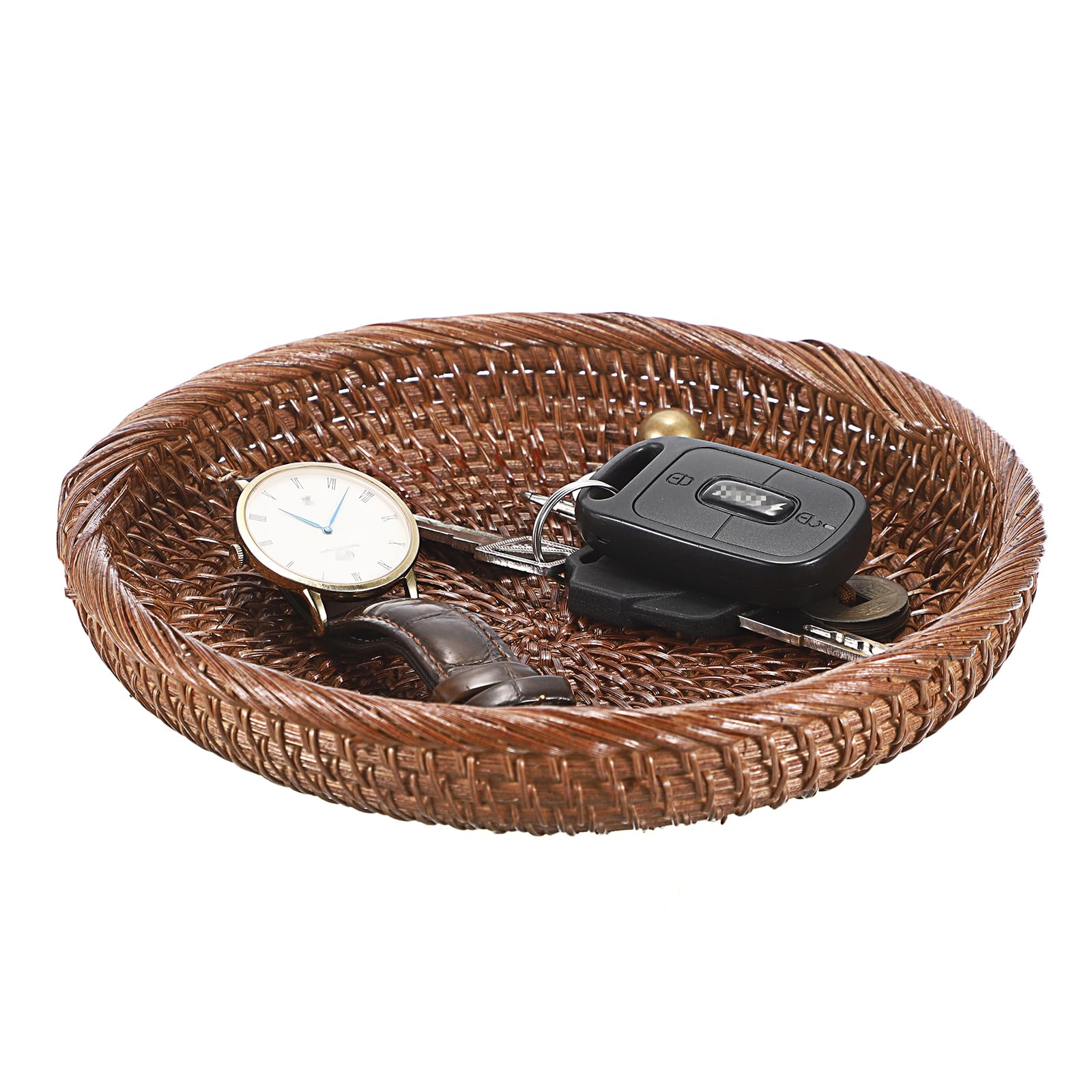 IGNPION Round Rattan Woven Serving Tray Decorative Display Tray Storage Platters with Handle Table Desktop Organiser Trays for coffer,Fruit, Drink,Breakfast,Tea,Candle (Brown, 19cm)