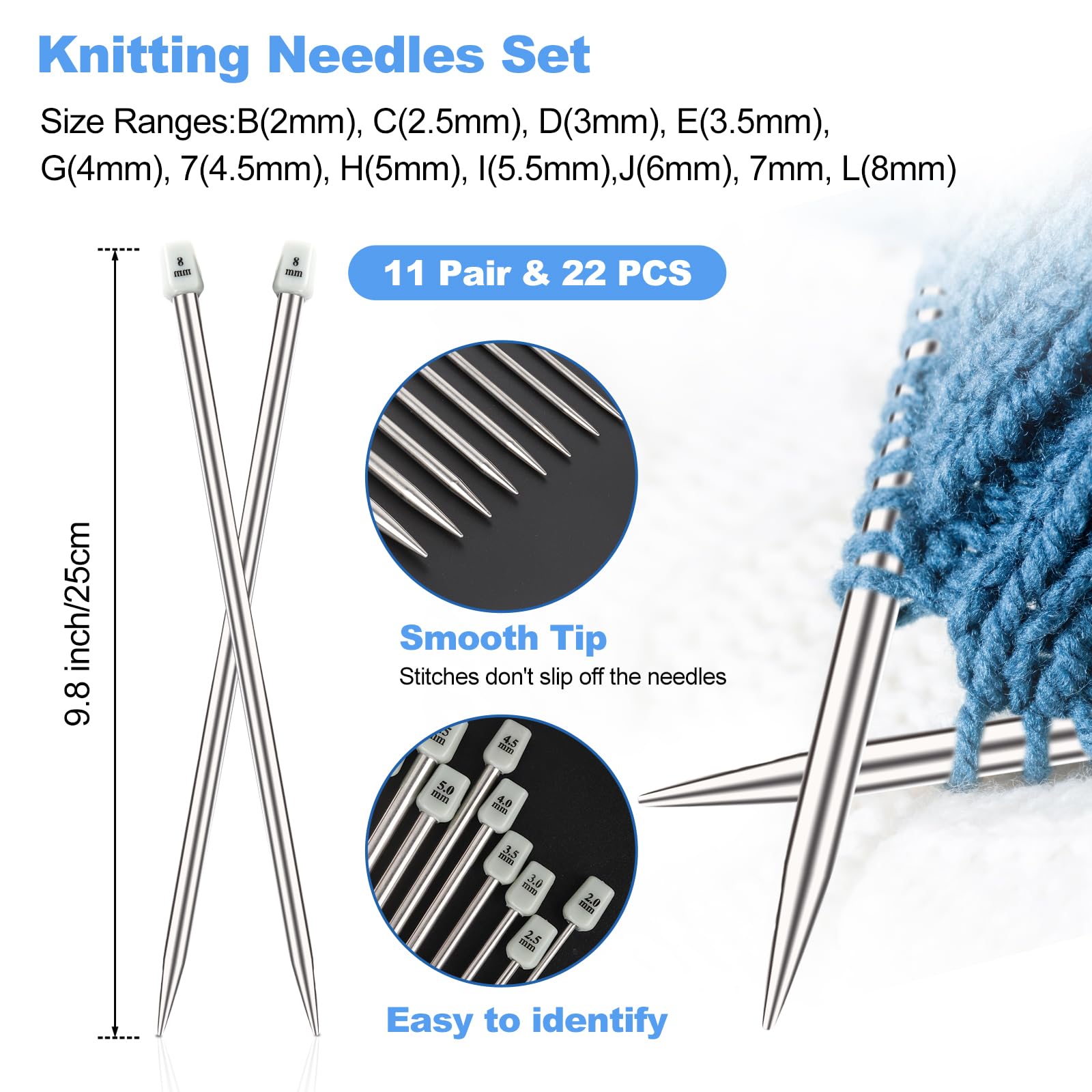 Katech Knitting Needles Set for Beginners, 9 Pairs Circular Knitting Needles Set and 22 Pcs Single Pointed Knitting Needle Set with Tote Bag Knitting Accessories Knit Supplies