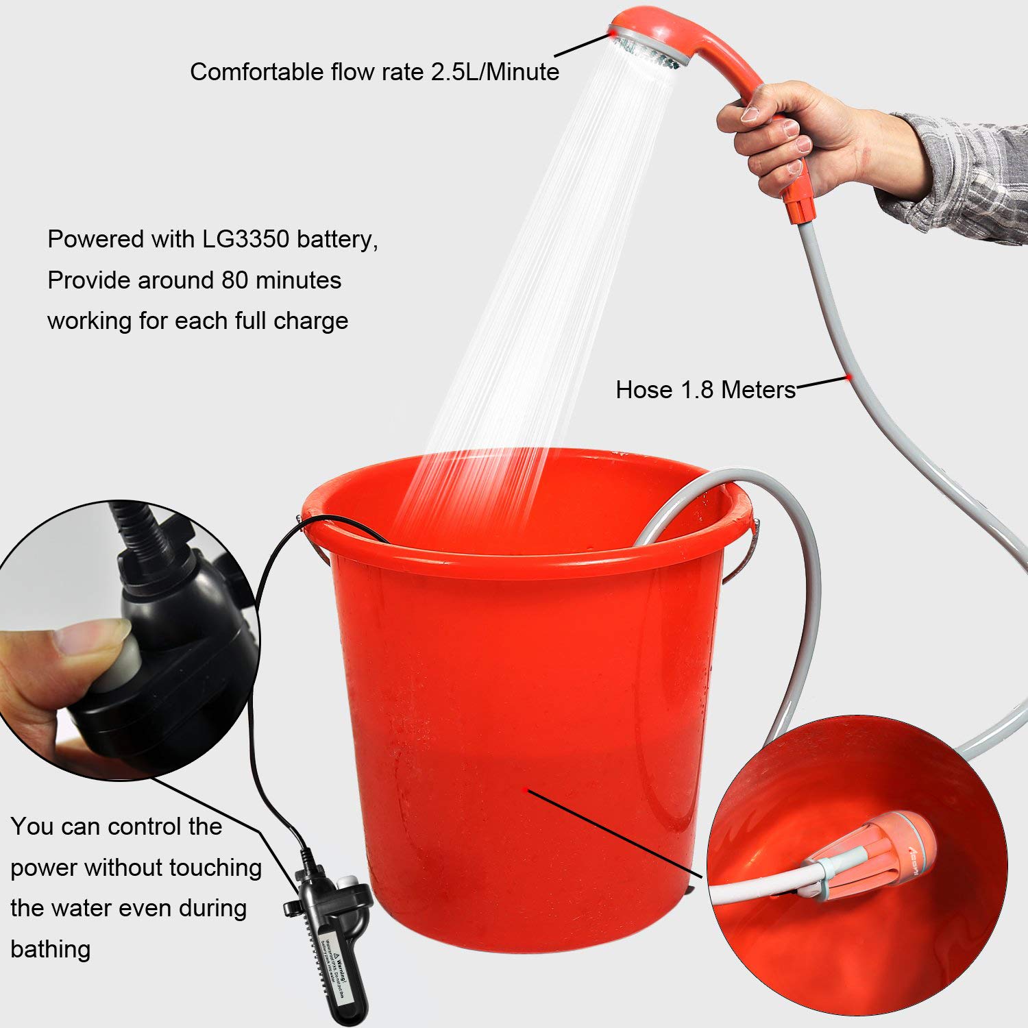 LUOOV Portable Camping Shower, Shower Pump with Detachable