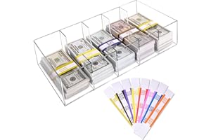 Mczxon Clear Currency Money Cash Tray With 300 Currency Wrappers, 5 Compartment Acrylic Cash Money Currency Organizer Storage Change Box Case for Cash, Moneyboxes Currency Holder Cash for Money