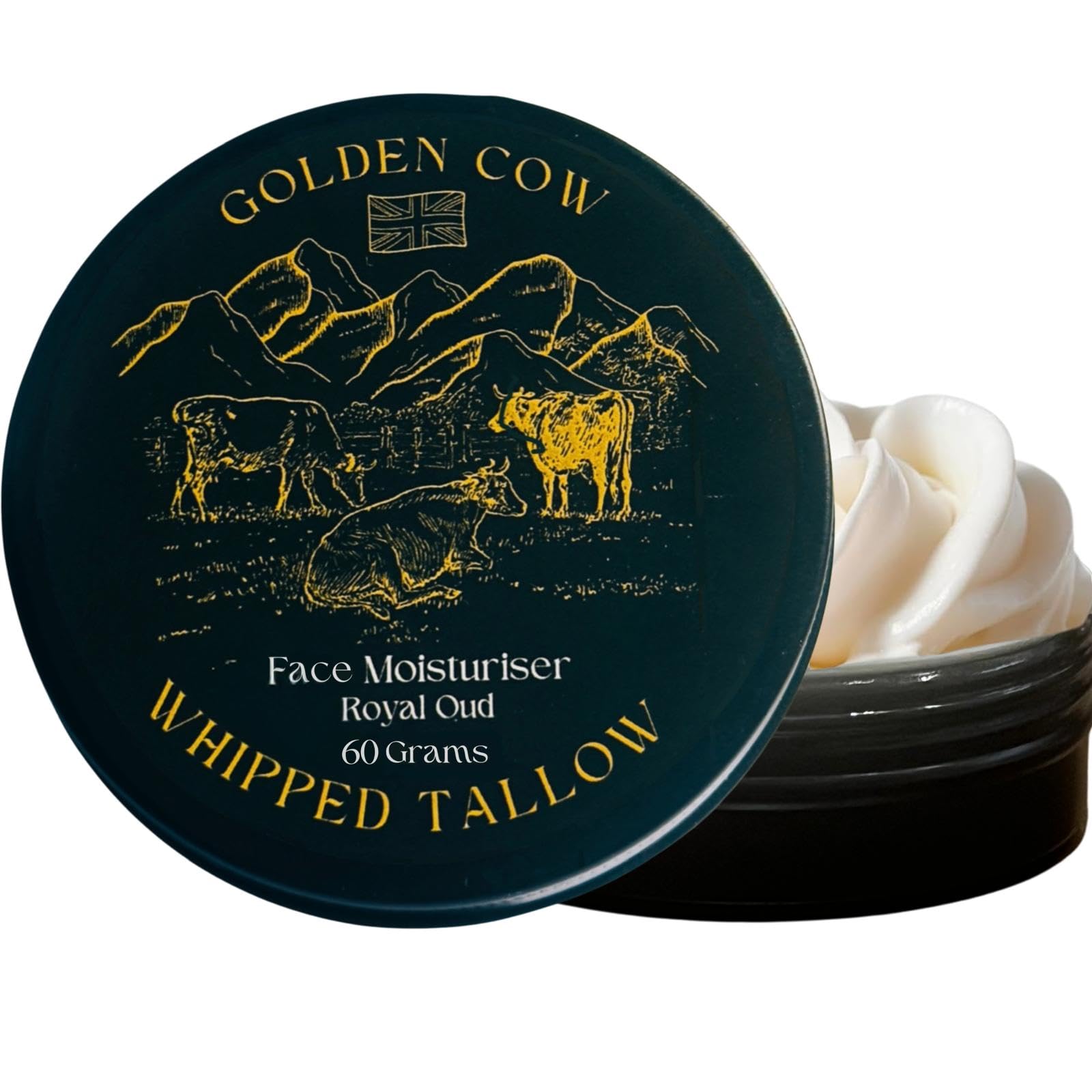 Beef Tallow Whipped Balm – Grass Fed Beef Tallow Face Cream & Moisturiser - Oud Scented Golden Cow Hydrating Whipped Balm for Dry Skin (60 g (Pack of 1), Oud)