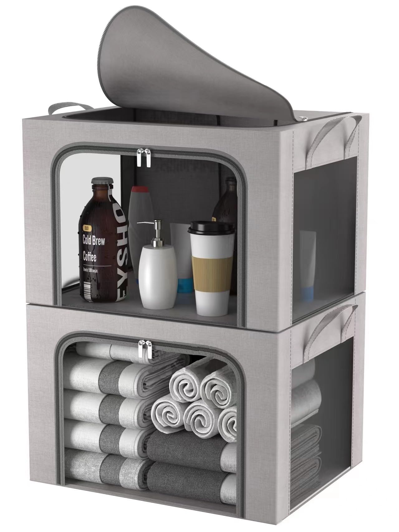 FUSACONY Clothes Storage Boxes, 2 Pcs Closet Organizers and Storage, Foldable Clothes Storage Box with Double Opening Zips and Three Clear Windows for Blankets,Bedding,Comforters, Grey (100L)