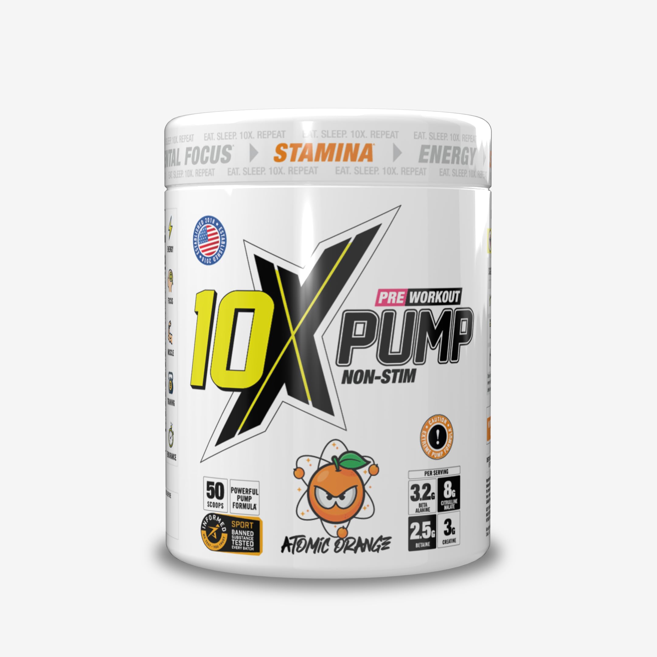10X Athletic Non Stim Pre Workout No Caffeine Beta Alanine Creatine Sugar Free Vegan Low Calorie Various Flavours 600g 25/50 Servings (Atomic Orange)