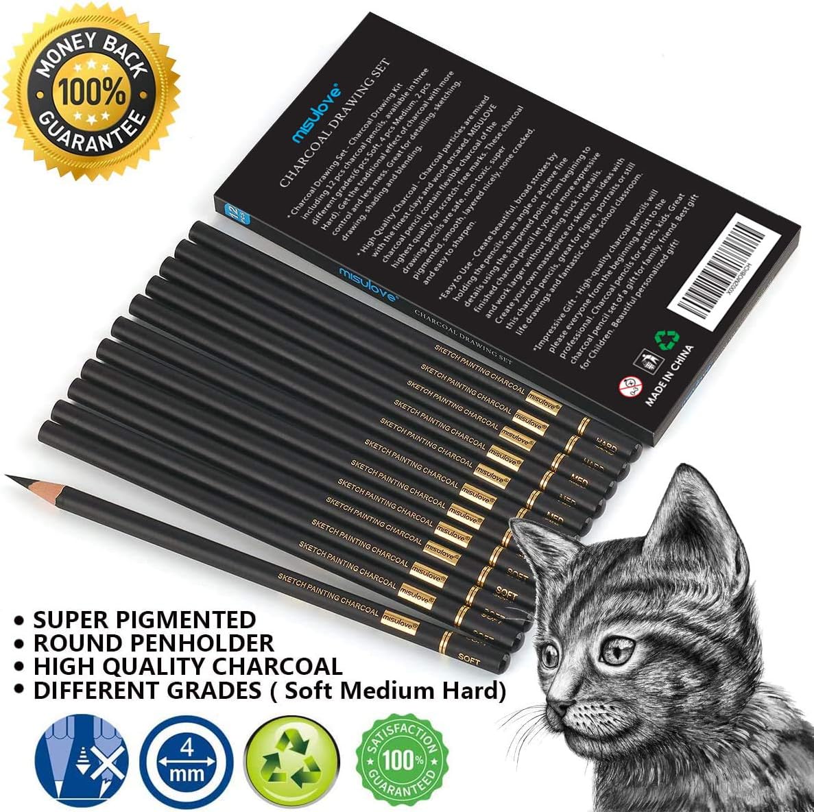 MISULOVE Professional Charcoal Pencils Drawing Set - 12 Pieces Soft, Medium & Hard Charcoal Pencils for Drawing, Sketching, Shading, Ideal Artist Pencils for Beginners & Artists : Office Products