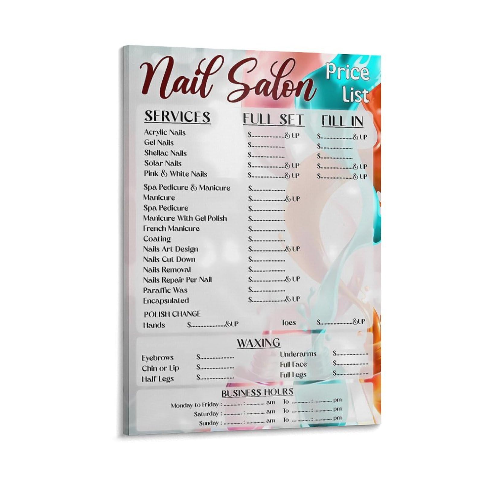 JBBGO Nail Price List Poster for Beauty Salon