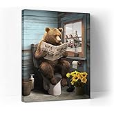 Ooeiiiy Bear Canvas Wall Art Bear Bathroom Wall Decor Farmhouse Animal Picture Poster Wall Decor Bear Sitting In Toilet Reading Newspaper Prints Painting Framed Artwork for Toilet Bedroom 12''X16''