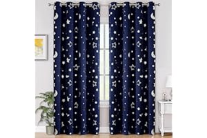 WUBODTI Navy Blue Kids 100% Blackout Curtains for Boys Bedroom 72 Inches Long 2 Panels, Cute Star Patterned Thermal Insulated Nursery Curtain Grommets Room Darkening Space Curtain Drapes for Baby
