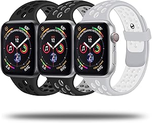 JuQBanke Sport Bands 3 Pack Compatible for Apple Watch Band 38mm 40mm 42mm 44mm, Soft Silicone Sport Replacement Wristband Compatible with iWatch Series 1/2/3/4/5/6/SE