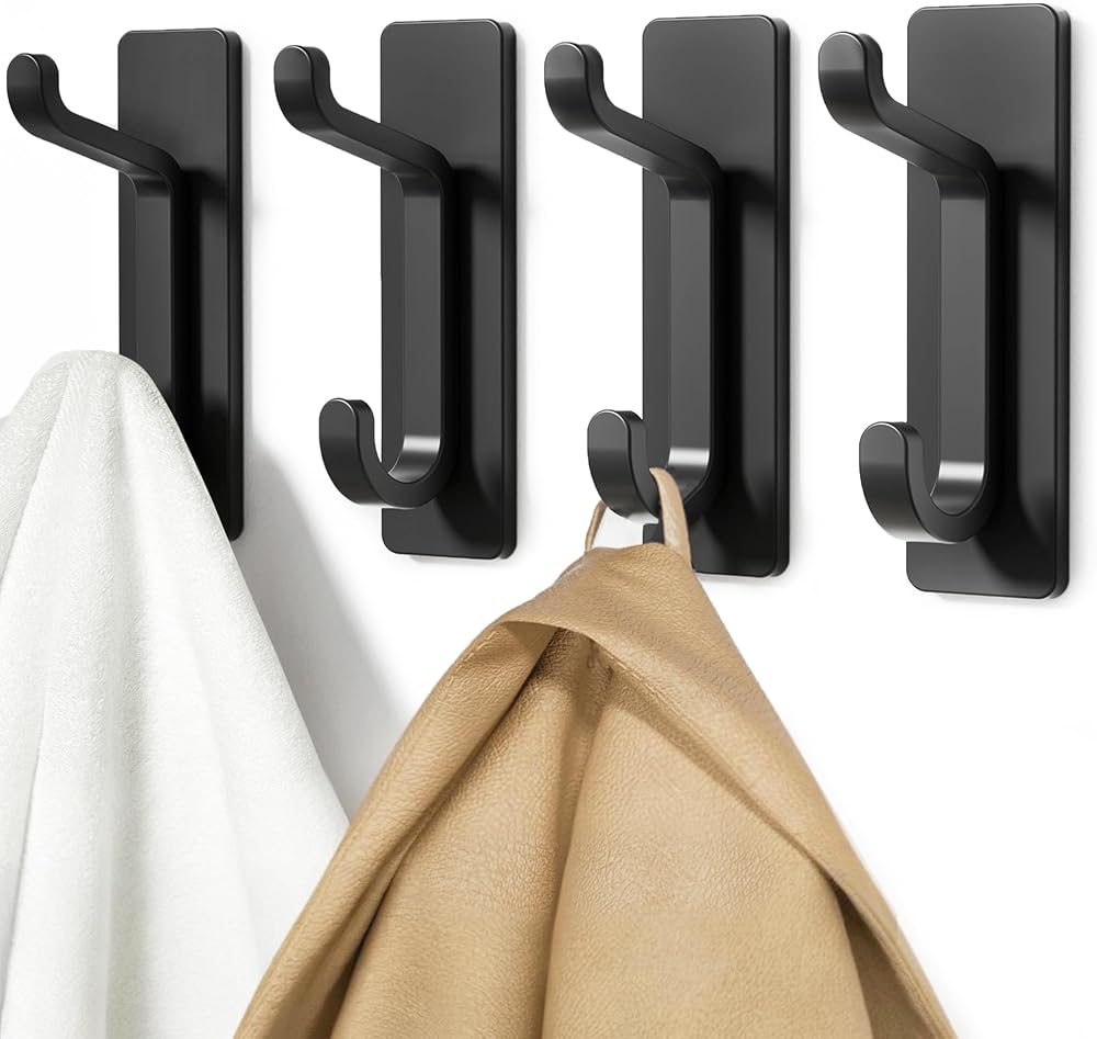 pickpiff Self Adhesive Hooks 6KG, 4 Pack Heavy Duty No-Nail Door Hooks Black