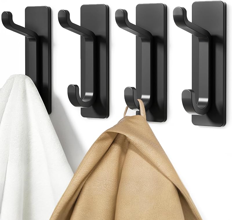 pickpiff Self Adhesive Hooks 6KG, 4 Pack Heavy Duty No-Nail Door Hooks Black