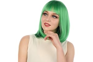 eNilecor Short Bob Hair Wigs 12" Straight with Flat Bangs Synthetic Colorful Cosplay Daily Party Wig for Women Natural As Real Hair+ Free Wig Cap (Green)