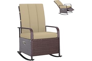 Outsunny Outdoor Wicker Rocking Chair with Cushion, Patio PE Rattan Recliner Chair with Adjustable Footrest, Armrests, Khaki