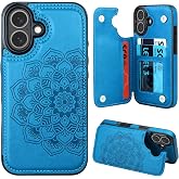 MMHUO for iPhone 16 Case with Card Holder, Flower Magnetic Clasp Flip Case for iPhone 16 Wallet Case for Women, Protective Case Phone Case for iPhone 16 (6.1 Inch),Blue