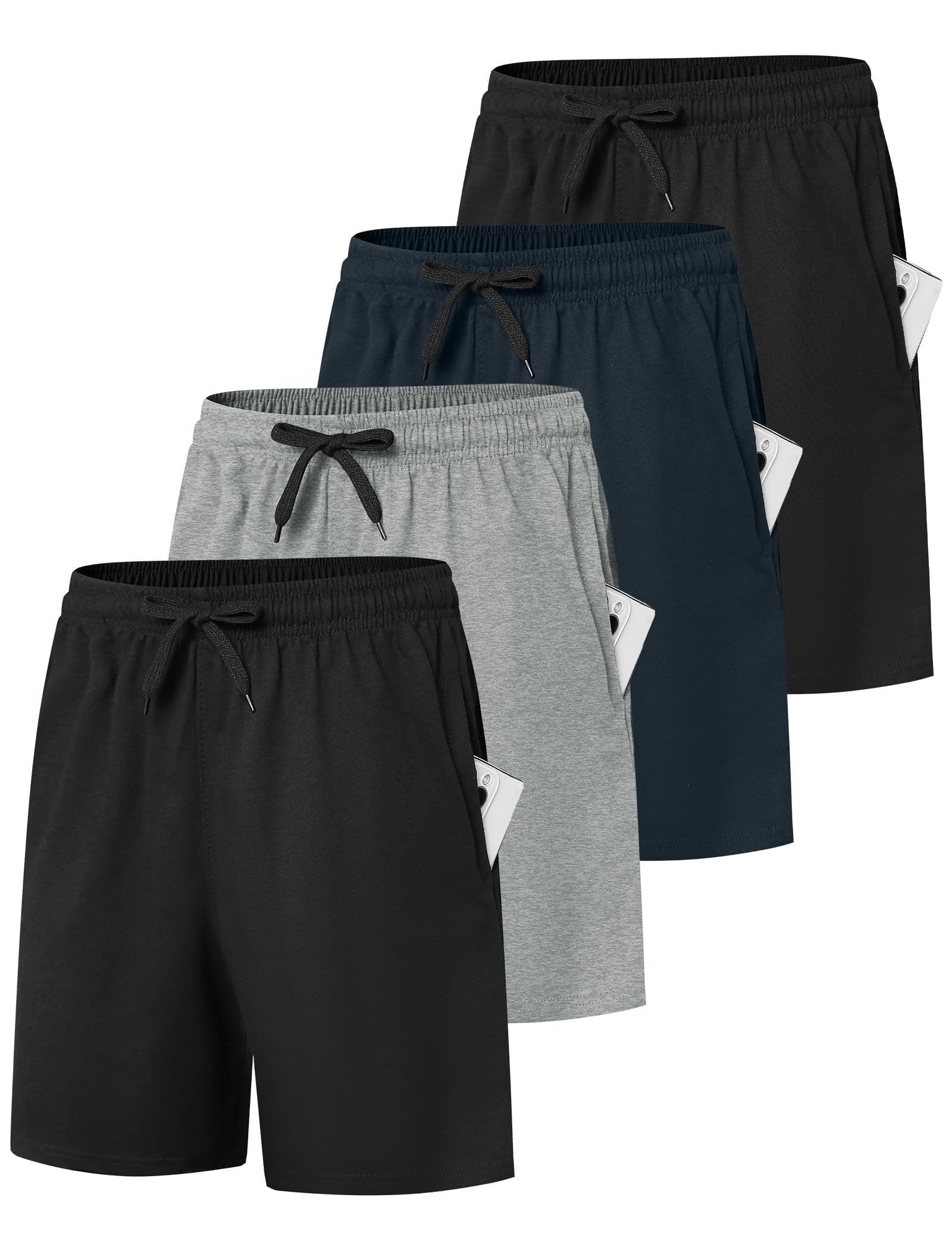 Photo 1 of Dalavch 4 Pack Women's Bermuda Sweat Shorts Cotton Comfy Drawstring Shorts for Casual Lounge Sport Athletic with Pockets 2 Black 1 Pitch Blue 1 Heather Grey Medium