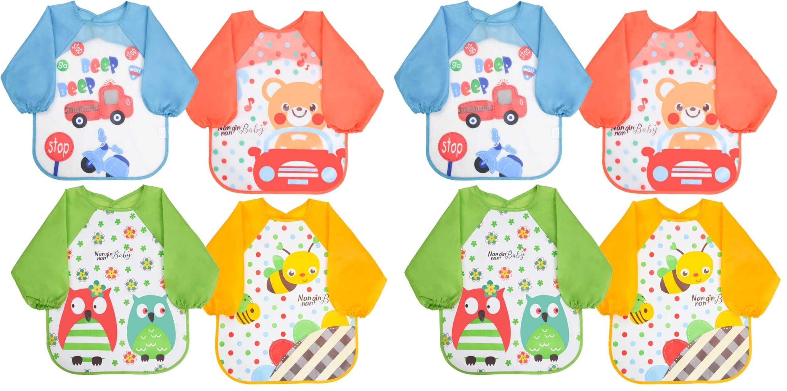 Vicloon Bibs with Sleeves, 4 Pcs EVA Unisex Feeding Baby Bibs Waterproof Long Sleeve Bib Apron Lovely Cute Cartoon Bibs for Infant Toddler 6 Months to 3 Years Old