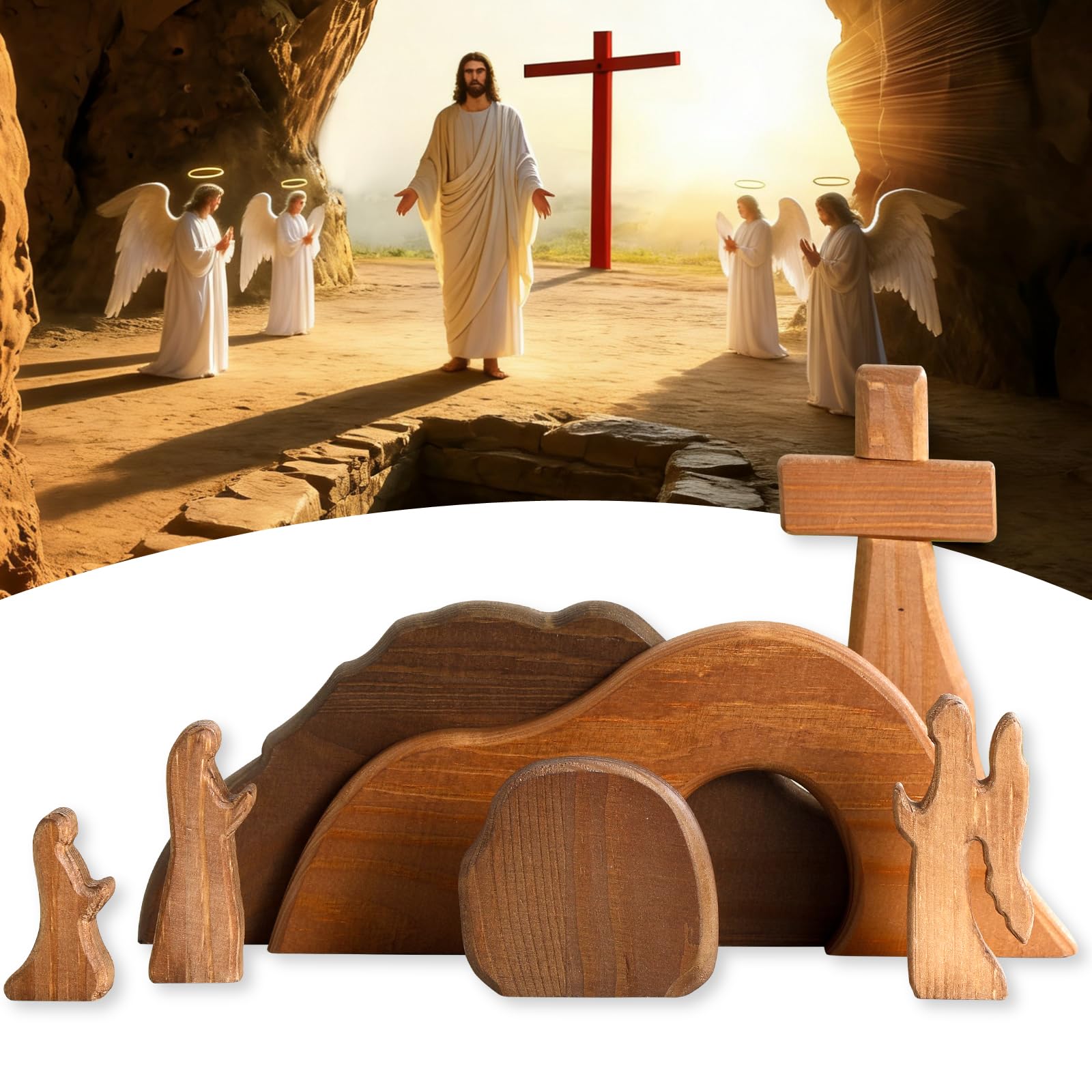 Gnodry The Empty Tomb Easter Scene Set - 7-Piece, Christian Cross Decorations, Decorations Religious Jesus Tomb Easter Kit Display for The Home, Tabletop, Office - Wooden (Warm-Brown)